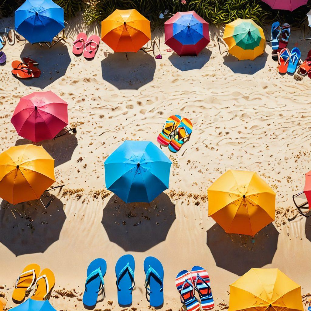 A vibrant beach scene featuring diverse individuals of various body types wearing trendy bikinis and beachwear, enjoying the sun and surf. Include colorful beach umbrellas, flip-flops scattered in the sand, and crystal-clear waves in the background. Infuse a sense of joy and camaraderie among the beachgoers, showcasing confidence and style. Bright and warm color palette. super-realistic. vibrant colors. beach theme.